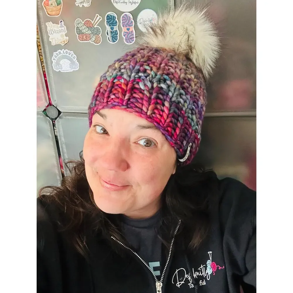Hand Knit Scrappy Merino Wool Beanie: DefiKnitly Tasteful Knit Hat with Faux Fur